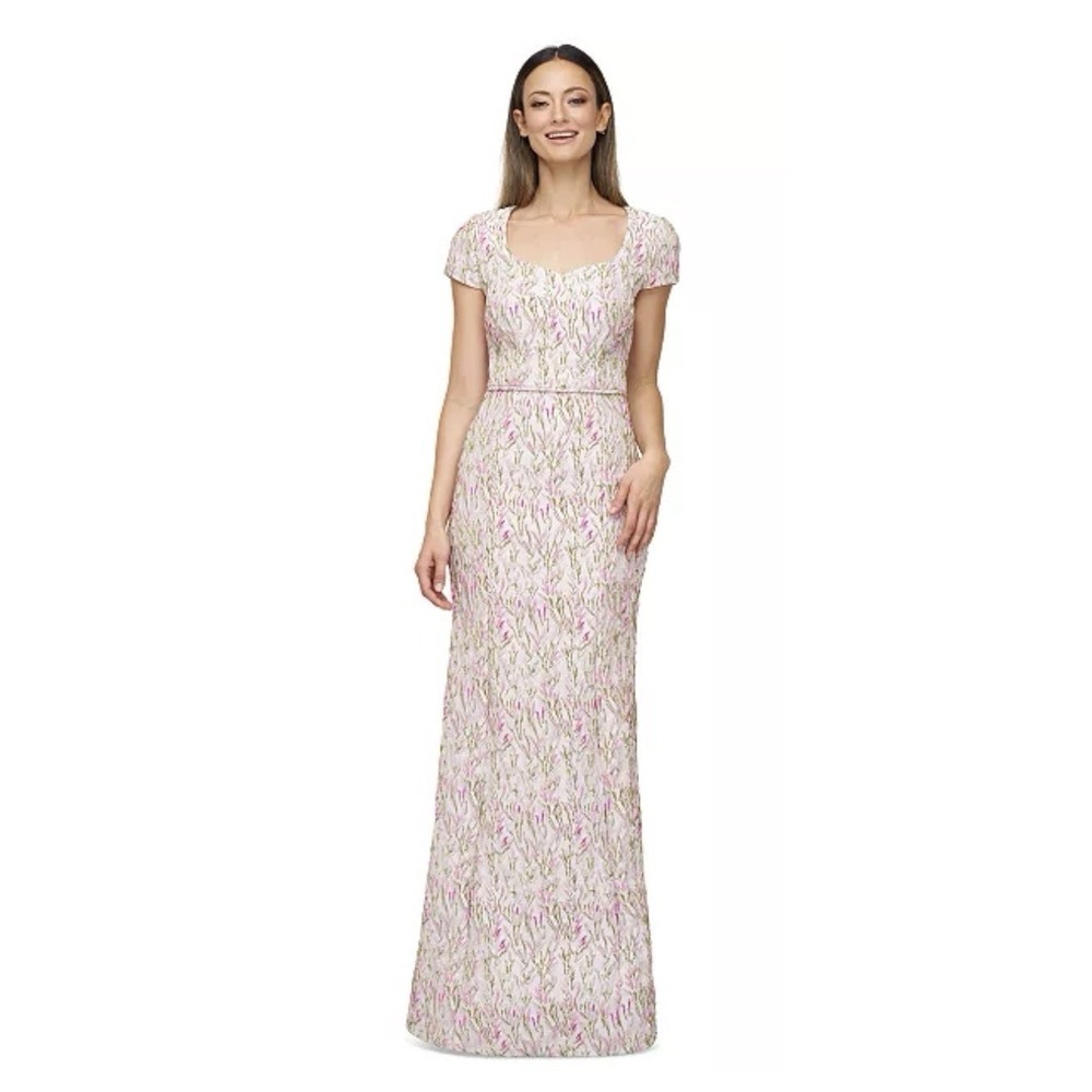 JS Collections Pink Green Embroidered  Sweatheart Mermaid Maxi Dress Size 6 $298